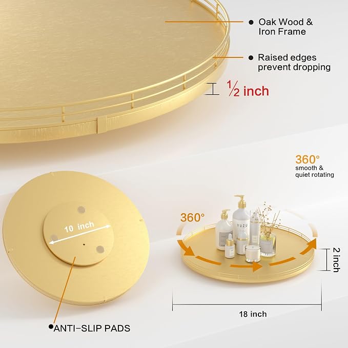 Oroyutor 18-Inch Oak Lazy Susan Organizer with Gold Metal Rail | Oak wood base, gold metal rail and smooth 360-degree rotation for dining tables, kitchen counters and spice storage. - Image 6