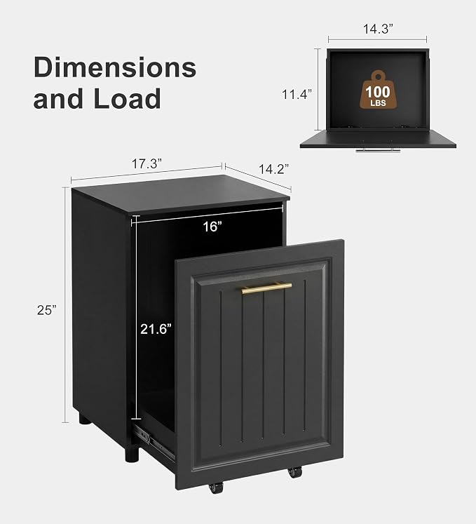 ZIFTY 10 Gallon Pull Out Trash Can Cabinet Kitchen, Laundry Hamper, Black | Freestanding Kitchen Cabinet, Hidden Waste Bin, Pet Proof, Wooden Garbage Recycling, Modern Farmhouse Waste Bin Furniture - Image 3
