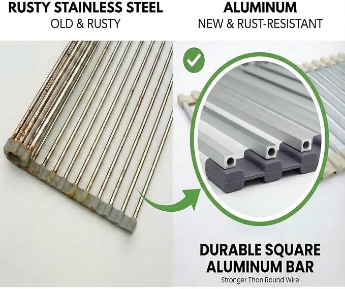 Large Aluminum Roll Up Dish Drying Rack 20.5" x 13" with Dish Holder | Square aluminum bars, Available in 3 sizes & 2 colors, Rolls up for easy storage, Removable dish holder, Heat resistant - Image 4