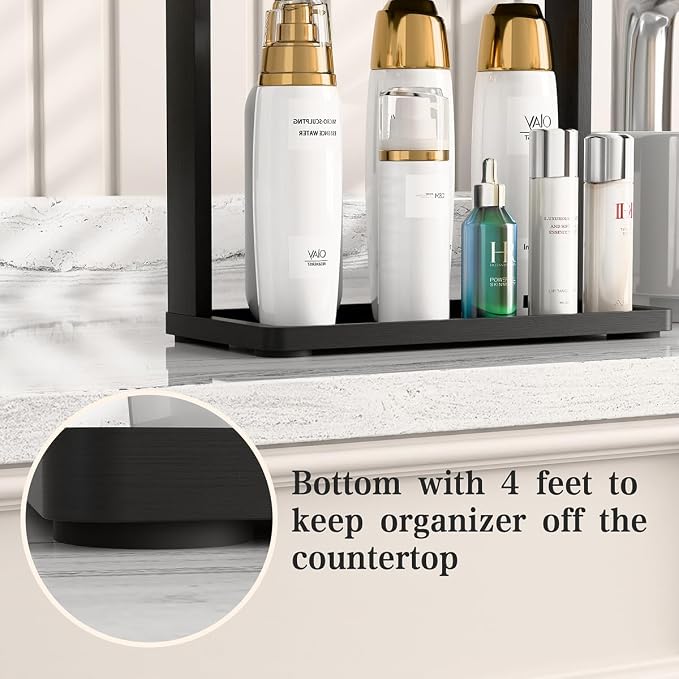 PEKER Bamboo Bathroom Organizer Countertop – Small Vanity Storage Shelf for Makeup, Perfume, Skincare – Natural Cosmetics Display Rack for Dresser, Sink, Kitchen –Black - Image 7