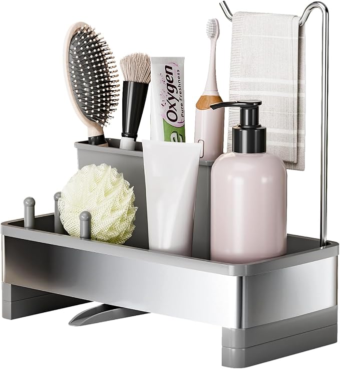 Ewaiira Sponge Holder for Kitchen Sink, Stainless Steel Sink Caddy | with Brush Holder & Dishcloth Rack, Countertop Sink Organizer, Soap Dispenser Kitchen Organizers Storage (F-Gray 9.8″) - Image 8