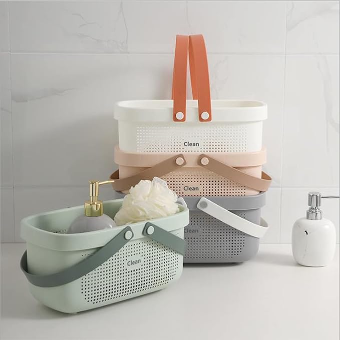 JiatuA Plastic Storage Basket with Handle Portable Shower Caddy Tote Organizer Basket Bin for Bathroom Kitchen Dorm Room Bedroom, Green | Sturdy Drainage Large Capacity Organizer Basket with Silicone Handles for Bathroom Kitchen Bedroom College Dorm Es... - Image 2