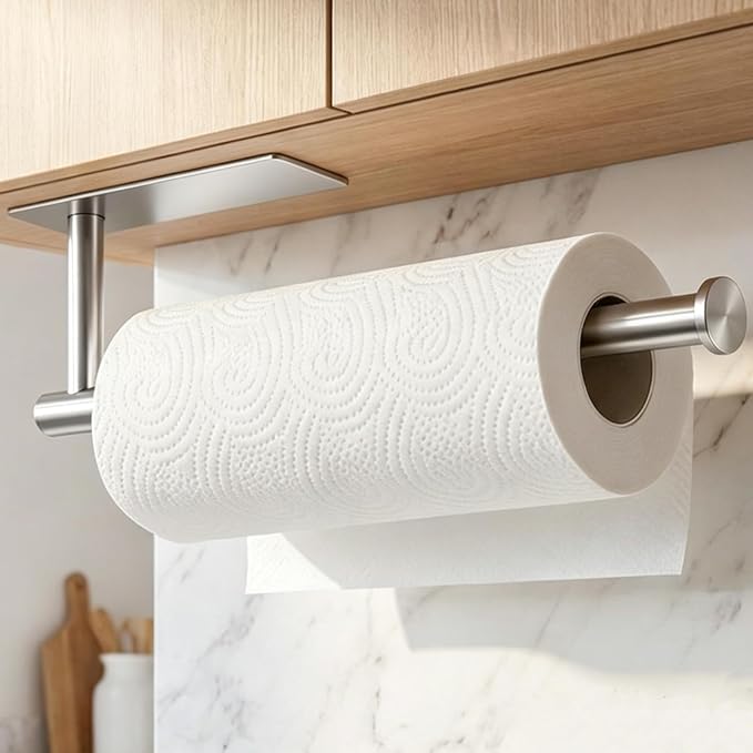 theaoo Under Cabinet Paper Towel Holder for Kitchen, Wall Mount, Silver | Adhesive Paper Towel Roll Rack for Bathroom or Kitchen, SUS304 Stainless Steel, Self-Adhesive or Screw Installation - Image 9