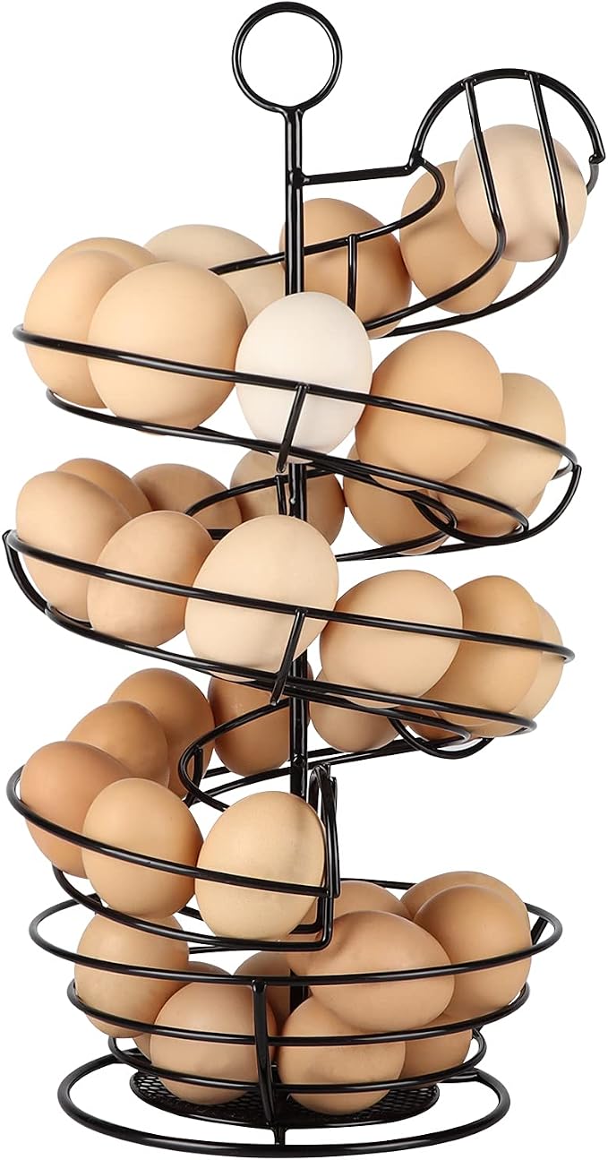 QUTREY Black Metal Egg Holder Countertop, Fresh Egg Skelter, Spiral Design Egg Dispenser Rack with Storage Basket for Display Easter Eggs by QUTREY