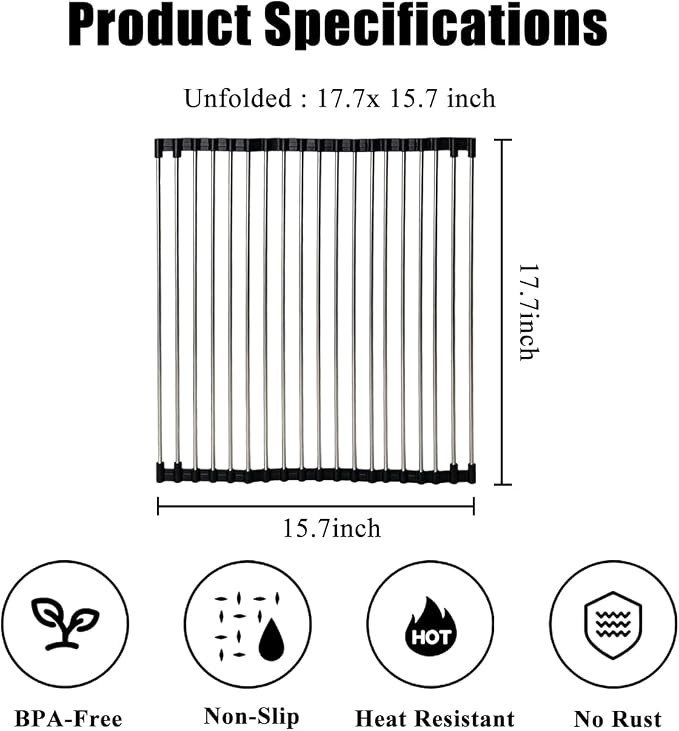 Roll Up Dish Drying Rack 17.5''x15.7'' Black | Kitchen Rolling Dish Drainer, Foldable Sink Rack Mat Stainless Steel Wire Dish Drying Rack for Kitchen Sink Counter Storage - Image 3