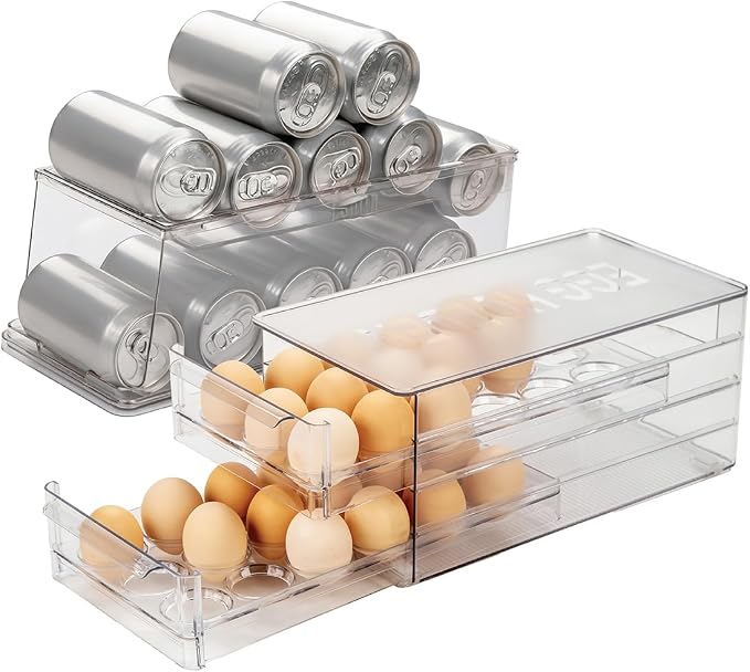 Glad Egg Holder & Soda Can Organizer - Fridge Storage Container Set with Soda Can Dispenser & Organizer for 36 Eggs with Lid and Pull-Out Drawers - BPA Free Clear Plastic by GladTrashFoodStorage