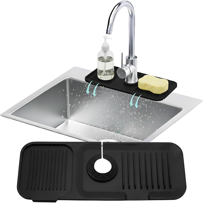 14.6” Silicone Faucet Mat For Kitchen Sink, Kitchen Sink Splash Guard Behind Faucet, Kitchen Faucet Mat For Kitchen Sink, Kitchen Sink Faucet Mat Splash Guard and Sink Water Splash Guard (Black) by LindasEssentials