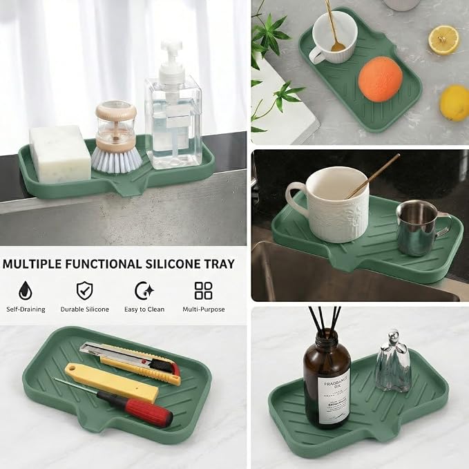 MicoYang Silicone Soap Dish with Drain Spout — Self-Draining Sink Organizer Tray for Bathroom & Kitchen, Sponges, Dispensers & Soap Holder, Non-Slip & Dishwasher Safe, Green (Medium, 9.6"×5.3") - Image 5