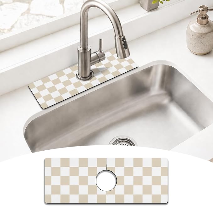 Light Brown White Checkered Kitchen Sink Splash Guard Faucet Mat,Faucet Non-Slip Absorbent Mat,Farmhouse Sink Splash Guard Behind Faucet for Kitchen Bathroom, 15"x5.5" by puwbnhj
