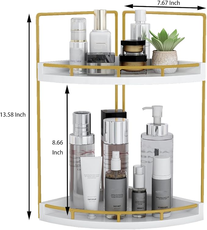 Dorhors Corner Bathroom Counter Organizer,Vanity Countertop Storage Shelf | 2-Tier Gold Rack Holder for Skincare,Perfume,Makeup,Lotion,Wood Sink Tray Stand for Kitchen,Restroom,Dresser - Image 3