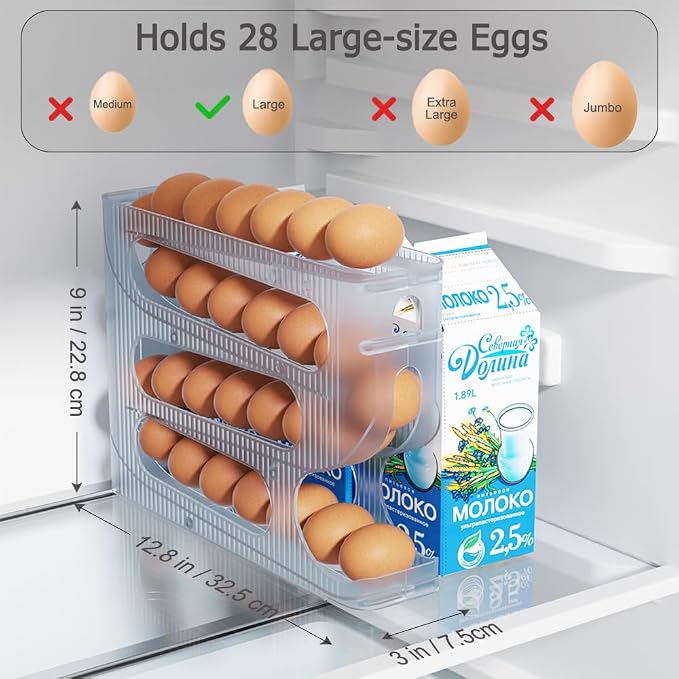 FIFO Egg Holder for Fridge, Egg Organizer for 28 Large Size Eggs | 1-Pack Auto Rolling Egg Dispenser for Refrigerator, Space-Saving Egg Roller/Container/Storage(Frosted Clear) - Image 5