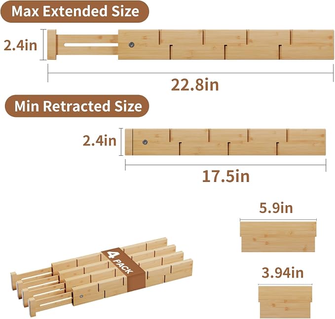 Bamboo Drawer Dividers 4 Pack with Inserts, Kitchen Adjustable Drawer Organizers for Home, Bedroom, Dresser, Expandable Organization 4 Dividers with 8 Inserts - Image 3