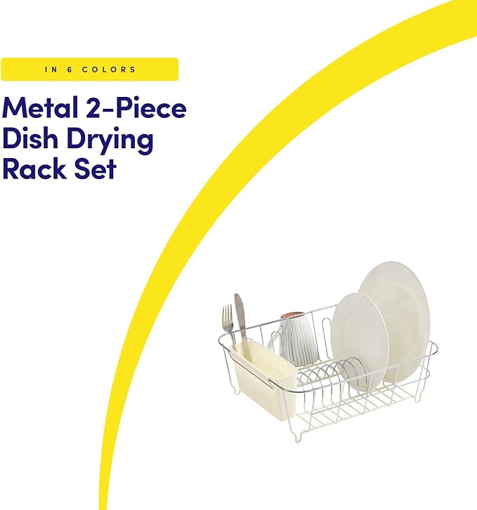 Dish Drying Rack & Cutlery Holder 2 Piece Set - Compact Sink-Fitting Dish Drainer with Rubberized Undercoating, Space-Saving Kitchen Organizer for Plates, Cups, Bowls & Utensils in Sink, Ivory - Image 2