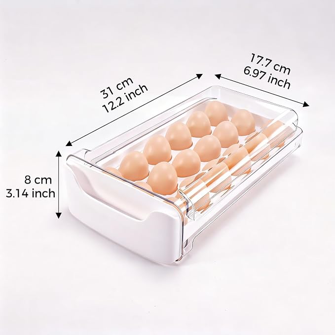 Egg-Holder for Fridge, Fits Small to Large Eggs, White | 18 Egg-Storage for Refrigerator Countertop, 1 Tier Dispenser with Drawer, Stackable Clear Egg Tray Container - Image 2