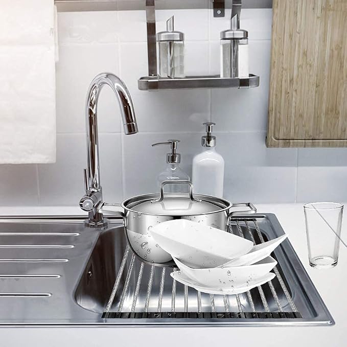 Stainless Steel Portable Roll Up Dish Drying Rack Over The Sink Rack for Cups Fruits Vegetables 17.7" x 13" - Image 5