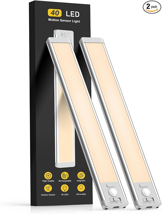 MCGOR 10inch Under Cabinet Lighting, 2 Pack Rechargeable Motion Sensor Light Indoor, 5 Levels Dimmable Magnetic Closet Lights, Wireless Under Counter Lights for Kitchen, Stairs by MCGOR