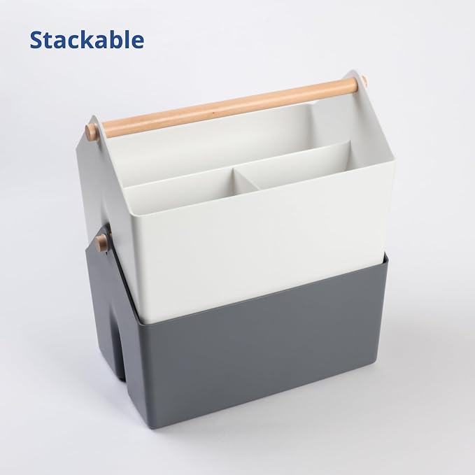 BLUE GINKGO Medium Storage Basket – Plastic Caddy with Wooden Handle for Office, Arts & Crafts, or Home Supplies (Gray) (Pack of 2) - Image 6