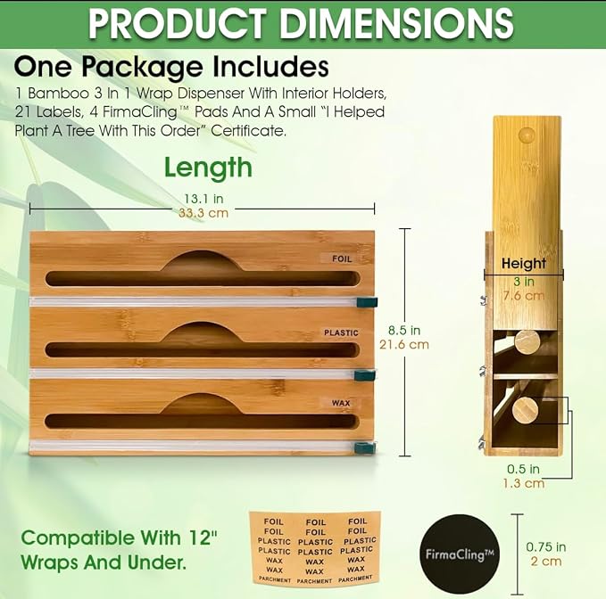 3-in-1 Bamboo Wrap Organizer with Cutters, Labels, Interior Holders, Anti-Slip Pads - Kitchen Drawer, Pantry, Storage for Plastic Wrap, Aluminum Foil, Wax Paper, Kitchen Storage, 12" Roll Holder - Image 2