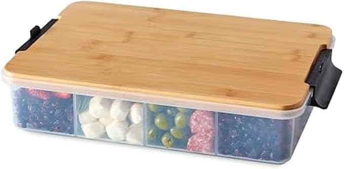 Farberware Snacklebox 11x16 Inch Bamboo Cutting Board Lid with 11-Compartment PP Snack Box, Locking Handles for Travel - Charcuterie Board with Lid for Picnics, Road Trips, and Outdoor Entertaining by Farberware