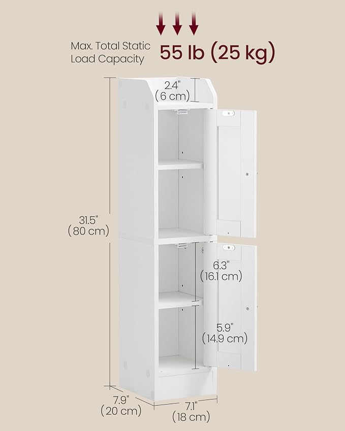 VASAGLE Storage Cabinet Slim with Reversible Doors, 2 Doors，Cloud White | Small Storage Corner Floor Cabinet, Narrow Orgnizer, Adjustable Shelves, Cloud White, Siren Collection, UBBK312WB01S - Image 3