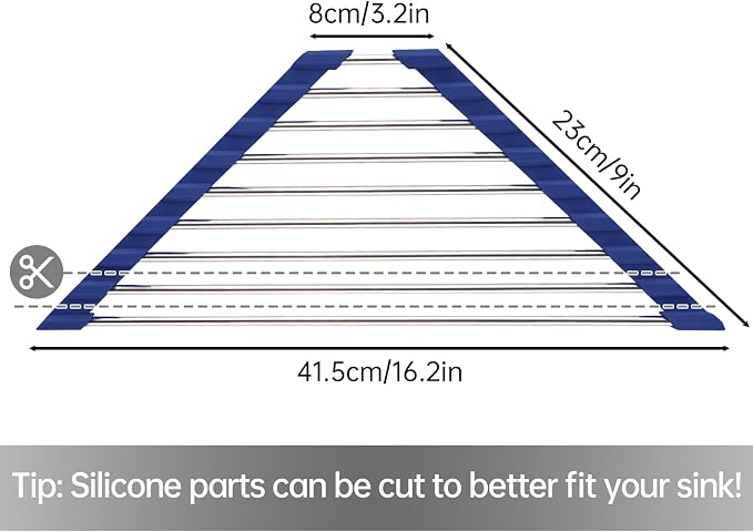 Tomorotec Triangle Roll-Up Dish Drying Rack for Sink Corner Small Foldable Stainless Steel Over The Sink Multipurpose Kitchen Drainer Caddy Organizer Storage Shelf Holder (Deep Blue) | BPA-Free Food-Grade Silicone Edges Foldable Waterproof Rustproof He... - Image 4