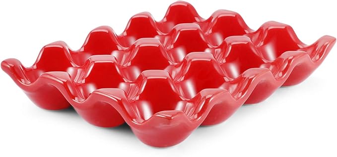 Flexzion Ceramic Egg Holder for Fridge - 12 Cups Egg Tray Whole Dozen Porcelain Container Keeper Storage Organizer Decorative Serving Stand Serveware for Countertop Display Kitchen (Red) by Flexzion