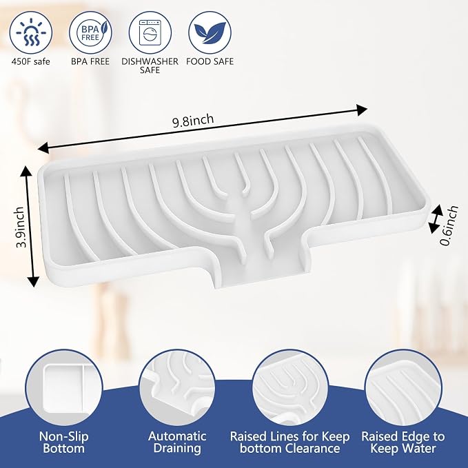 JACZZO Silicone Sponge Holder for Kitchen Sink With Drain Spout, Self Draining, Kitchen Soap Tray, Bathroom Organizer, Sink Caddy (White, 10" x 4") - Image 2