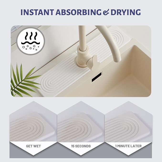 Stone Faucet Mat for Kitchen Sink, Faucet Mat Fast Drying Diatomite | Sink Splash Guard Water Absorbing Stone Tray for Sink, Counter Protector Matt for Kitchen & Bathroom - Image 4