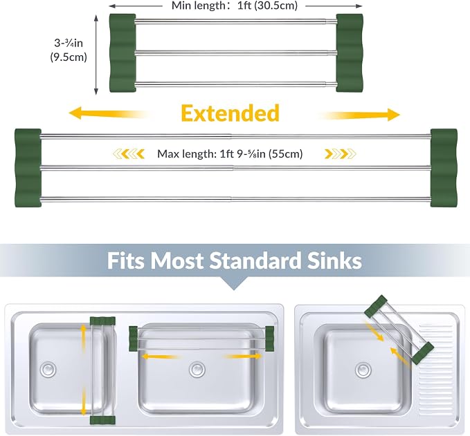 Tomorotec Adjustable Over-The-Sink Kitchen Rack, BPA-Free, Army Green | Holds 16.5 Lbs; For Dishcloths, Sponges, and Brushes - Heat-Resistant Stainless Steel with Slim, Expandable Design - Image 2
