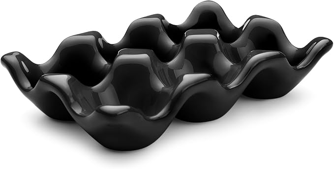 Flexzion Ceramic Egg Holder for Fridge - 6 Cups Egg Tray Half Dozen Porcelain Container Keeper Storage Organizer Decorative Serving Dish Serveware for Refrigerator Countertop Display Kitchen (Black) by Flexzion