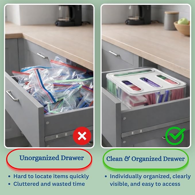 Food Storage Bag Organizer – 4-in-1 Plastic Baggie Organizer for Drawer | Fits Sandwich, Snack, Gallon, Quart & Slider Bags | Kitchen Storage Organizer | Wall & Drawer Mount - Image 6