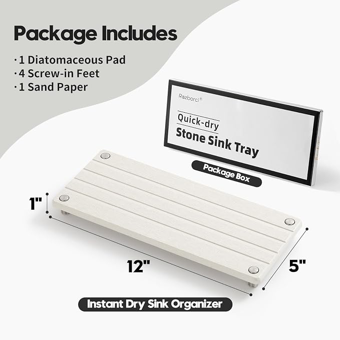 Instant Dry Sink Caddy Kitchen Sink Organizer, Quick Drying Stone Tray Diatomite Sponge Holder Soap Dish, Bathroom Countertop Fast Dry Water Absorbing Vanity Rack, Beige,12" x 5" - Image 8