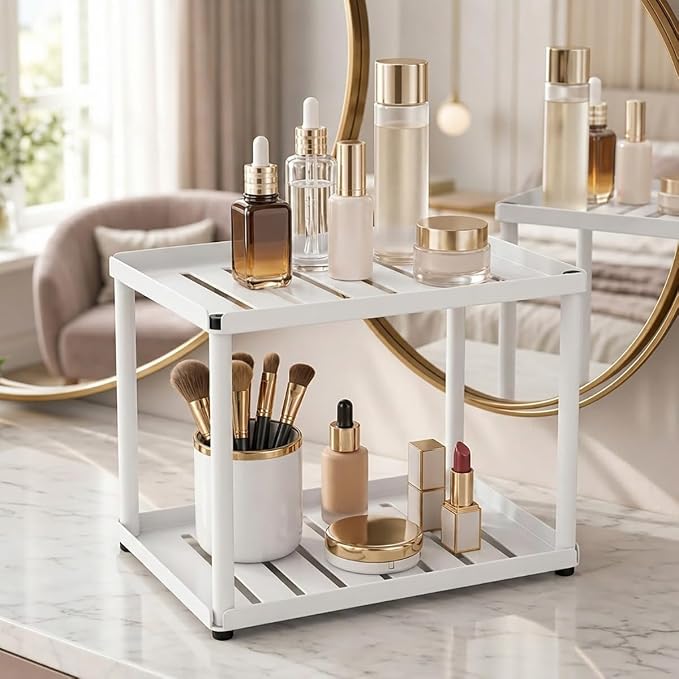 2 Tier Bathroom Counter Organizer, Rectangular Vanity Organizer Shelf, Skincare and Makeup Countertop Storage Rack for Kitchen, Bathroom, Bedroom,White - Image 8
