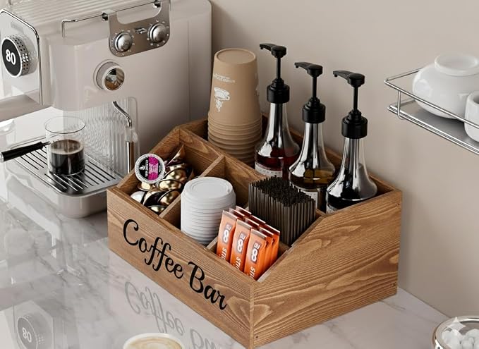 Coffee Station Organizer for Countertop – Wooden Coffee Bar Organizer with Adjustable Dividers,Holds K Cup Pod & syrup bottles, for Kitchen, Office, or Bar and Tea Station, Brown - Image 2