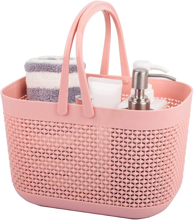 Plastic Portable Shower Caddy Basket, Storage Organizer with Handle, Pink | Bottom Drain Holes, Keep Dry, Sturdy and Durable, Easy to Carry for Bathroom, Kitchen, Dorm Room, RV, College by UUJOLY