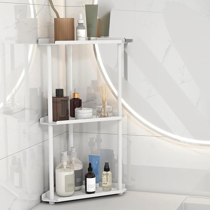 FLE Corner Bathroom Counter Organizer, Bathroom Organizer Countertop White | 3 Tier Corner Shelf, Tabletop Mount,Waterproof solid shelf fits bathroom toiletries and kitchen condiment storage. by FLE