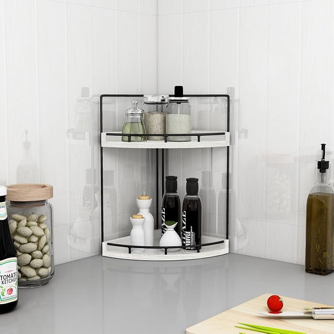 Dorhors 2-Tier Rustic White Corner Bathroom Shelf | 2-Tier Rustic White Rack Holder for Skincare,Perfume,Makeup,Lotion,Wood Sink Tray Stand for Kitchen,Restroom,Dresser - Image 6