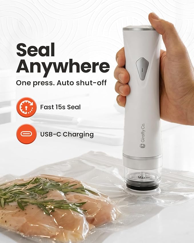 GIRAFFYCO Compact Food Vacuum Sealer Machine Only, Portable Rechargeable | Handheld Food Saver Compatible with S-XXL Reusable Bags, Transparent Water Tank Buffer, Meal Prep, Sous Vide & Freezer - Image 4