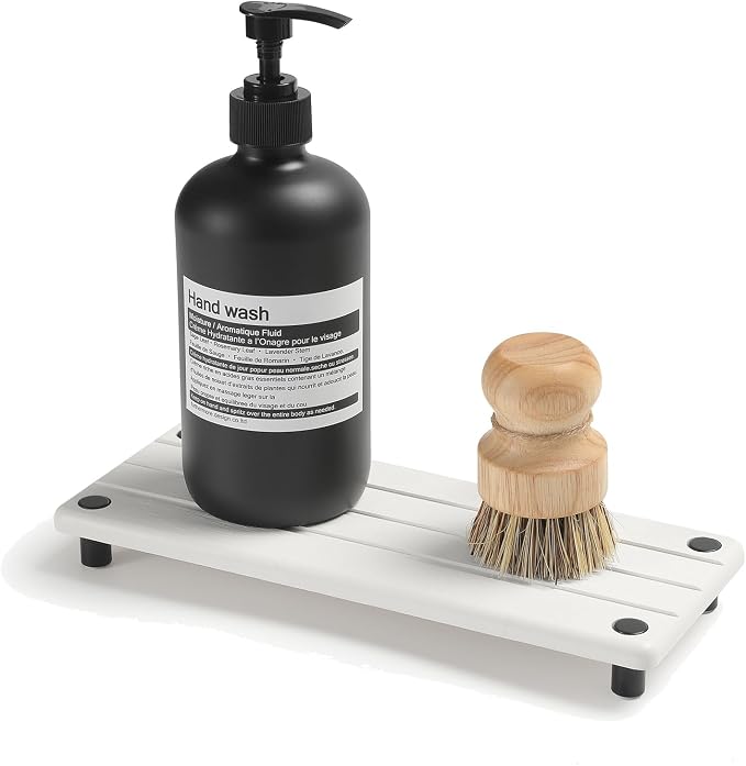 Instant Dry Sink Caddy Kitchen Sink Organizer, Quick Drying Diatomaceous Earth Stone Sink Tray Sponge Holder Soap Dish, Bathroom Countertop Vanity Dispenser Toothbrush Bottle, White, 10" x 4" by Razborci