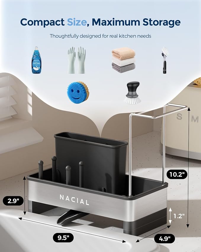 Nacial Kitchen Sink Organizer, Sink Caddy with Sponge & Tall Brush Holder | 304 Stainless Steel Kitchen Countertop Organizer with Double-Bar Towel Holder, Stores Sponge, Brush, Towel & Sink Essentials - Image 2
