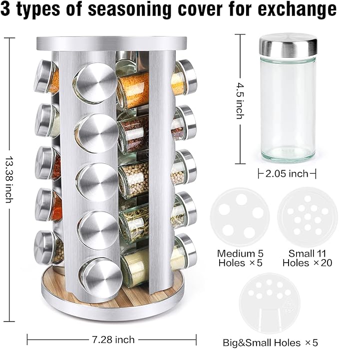 CANTAMI Spice Rack Organizer with Jars for Cabinet(20Pcs), Revolving | Stainless Steel/Wooden Countertop Rack Tower Organizer for Kitchen Pantry with Reusable Labels/Funnel/Brushes - Image 2