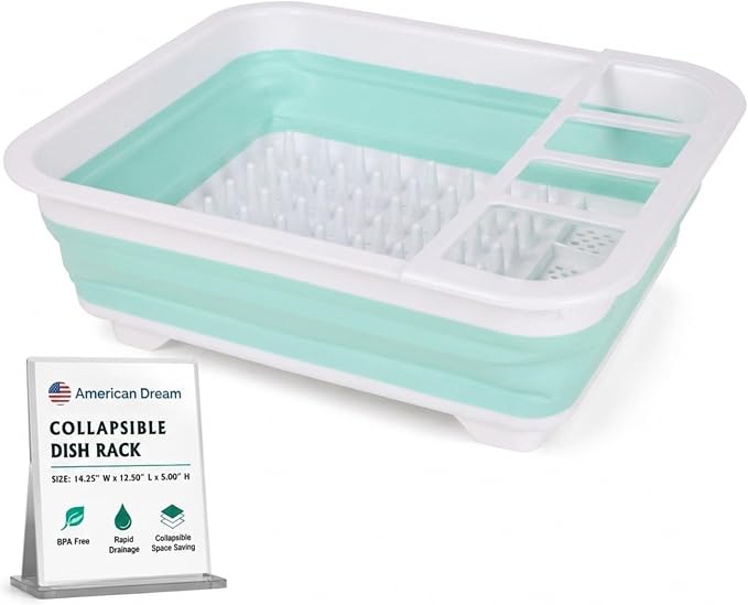 American Dream Collapsible Dish Drying Rack with Drainboard – Space-Saving Kitchen Dish Drainer with Utensil Holder, Blue by AmericanDreamHomeGoods