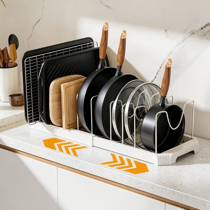 MUDEELA Pots and Pans Organizer under Cabinet, Pan Pot Organizer Inside Cabinet, Expandable 12.9''-21.88'' Pot Lid Organizer Holder with 10 Adjustable Dividers for Cutting Boards, Pan Lid Rack, White - Image 2