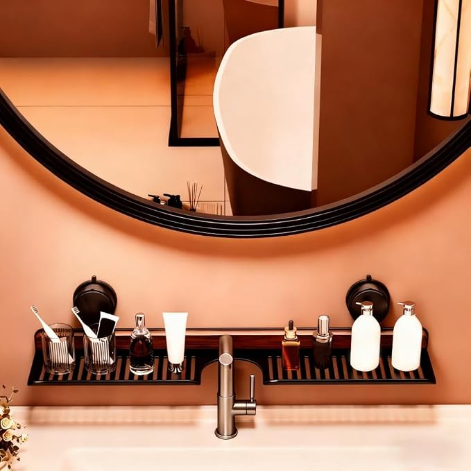 Bathroom Sink Shelf Over Faucet, No Drill, 31 Inch, Black | No-drill bathroom sink organizer shelf with suction cups and drainage holes for toothbrushes, soap, and sink essentials. - Image 5
