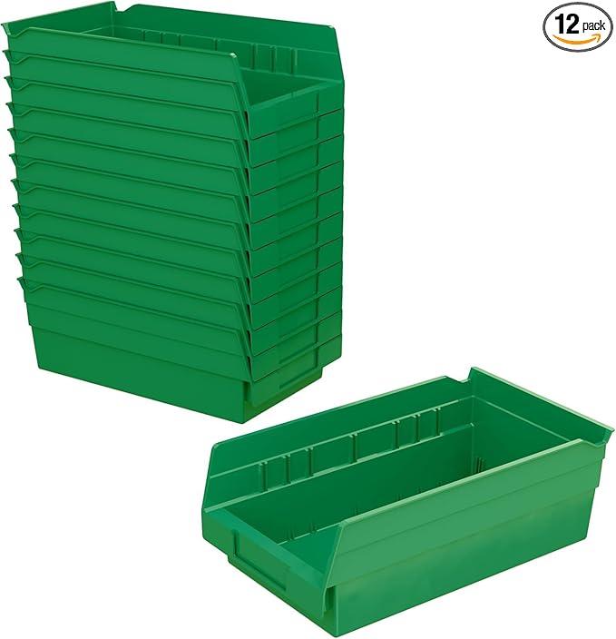 Akro-Mils 30130 Heavy Duty Plastic Shelf Bins, 12"x 6.5"x 4", Green, 12-Pk | Heavy Duty Nesting Storage Bins for Garage, Closet, Refrigerator, Kitchen, Cabinet, Drawer Organization, Pantry Organization by Akro-Mils