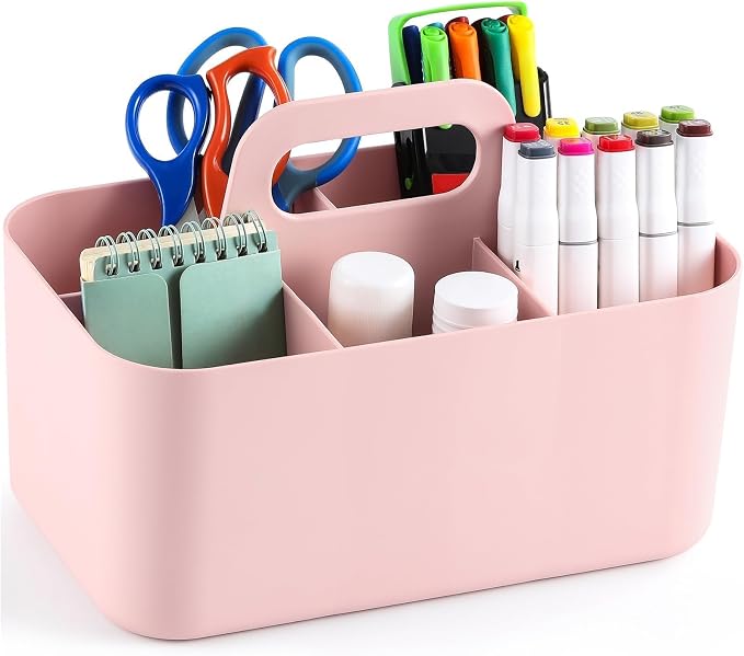 Multiuse Caddy Organizer with Handle, Portable Divided Plastic Tote Bin - Art Craft, Stationary Pen Marker Crayons, Makeup Hair Supplies Storage - Bathroom, Classroom, Dorm, Office, Desk Holder - Pink - Image 9
