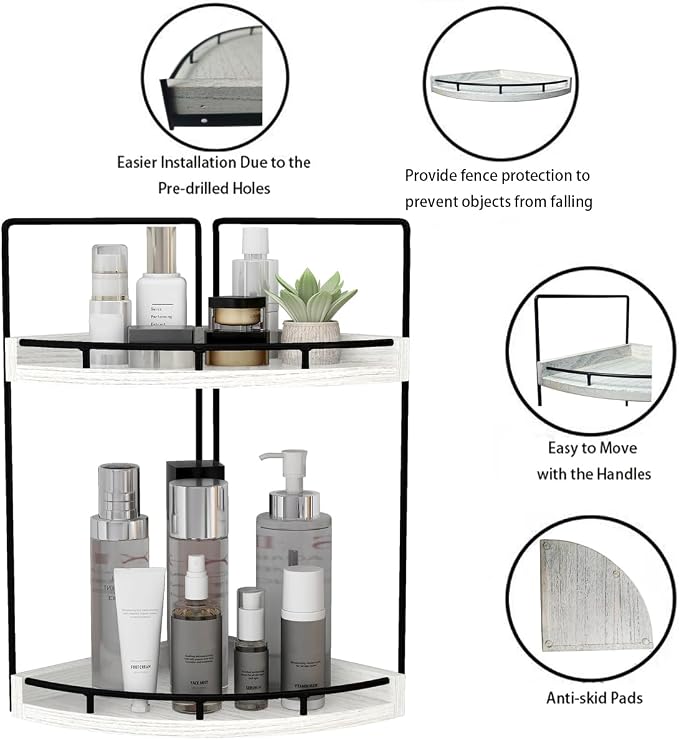 Dorhors 2-Tier Rustic White Corner Bathroom Shelf | 2-Tier Rustic White Rack Holder for Skincare,Perfume,Makeup,Lotion,Wood Sink Tray Stand for Kitchen,Restroom,Dresser - Image 4