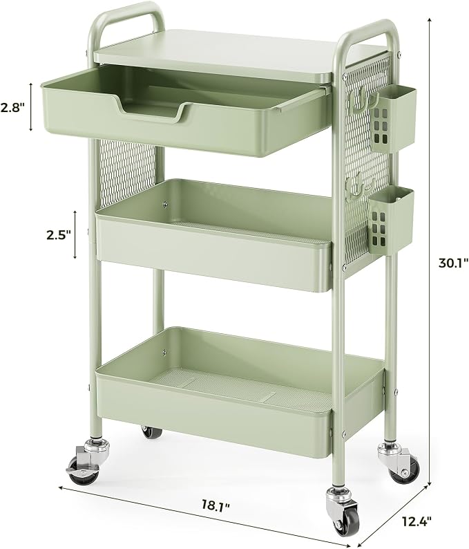 KINGBOARD 3 Tier Metal Rolling Cart with Drawer, Green Utility Storage Cart | 2 Cups & 4 Hooks, Lockable Wheels, Trolley Organizer for Bathroom, Kitchen, Office, Nursery, Dorm, Laundry, Craft Room - Image 9