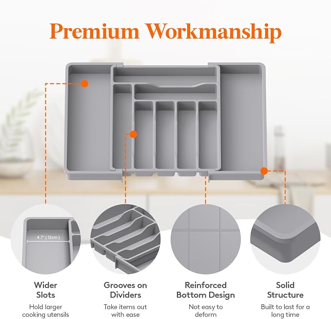 Lifewit Utensil Organizer for Kitchen Drawer, Expandable Cooking Silverware Tray, Adjustable Cutlery Flatware Holder, Plastic Spatula Tools Storage Divider, 13-22.4 x 15", Gray - Image 6