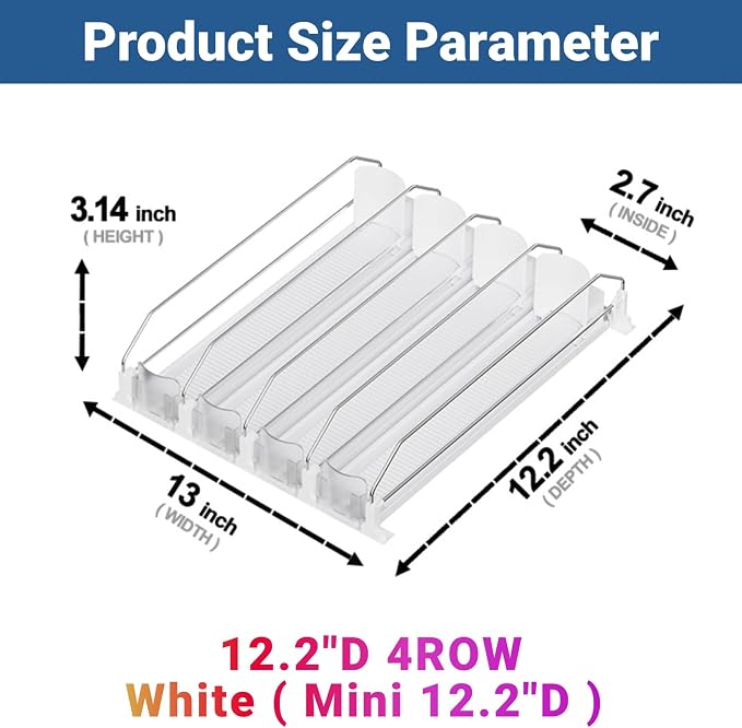 Drink Organizer for Mini Fridge (Fits Depth ≥ 12.2"), 12oz 16oz 20oz Soda Can Dispenser, Width Adjustable Automatic Pusher Glide, 12.2" D 4ROW Holds 16 Cans, White - Image 2